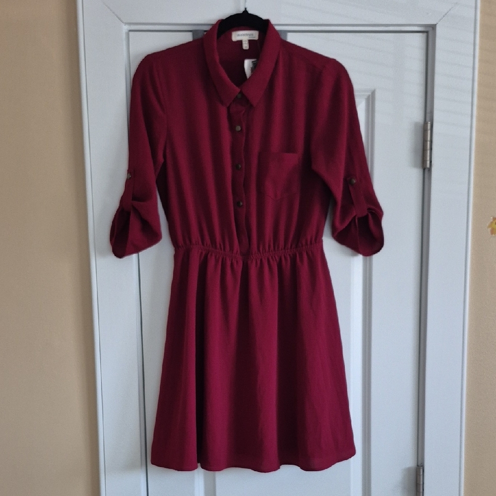 Burgundy Button-Front Shirt Dress